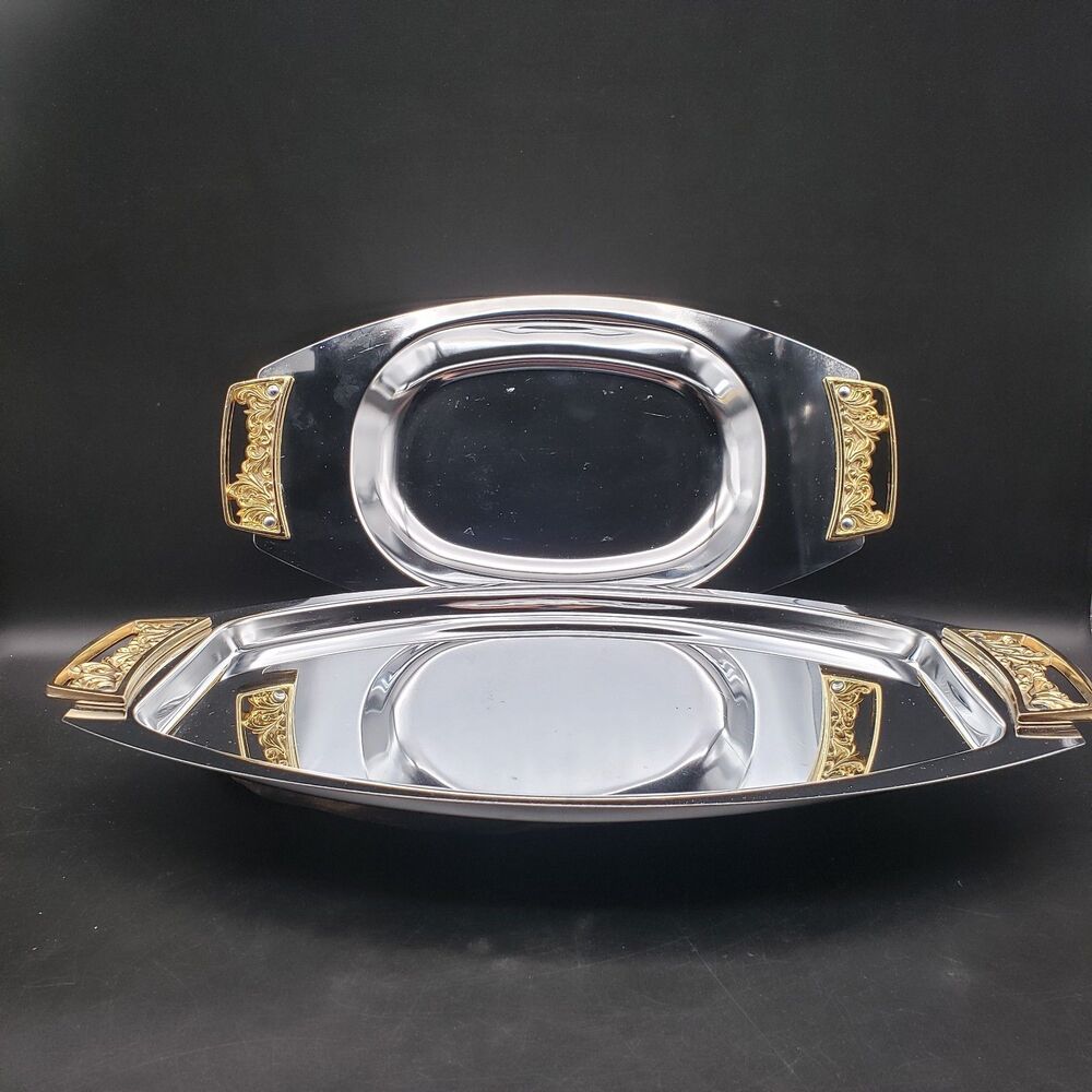 Vtg Kromex Chrome Serving Trays Set of 2 Gold Handles MCM USA Hollywood Regency